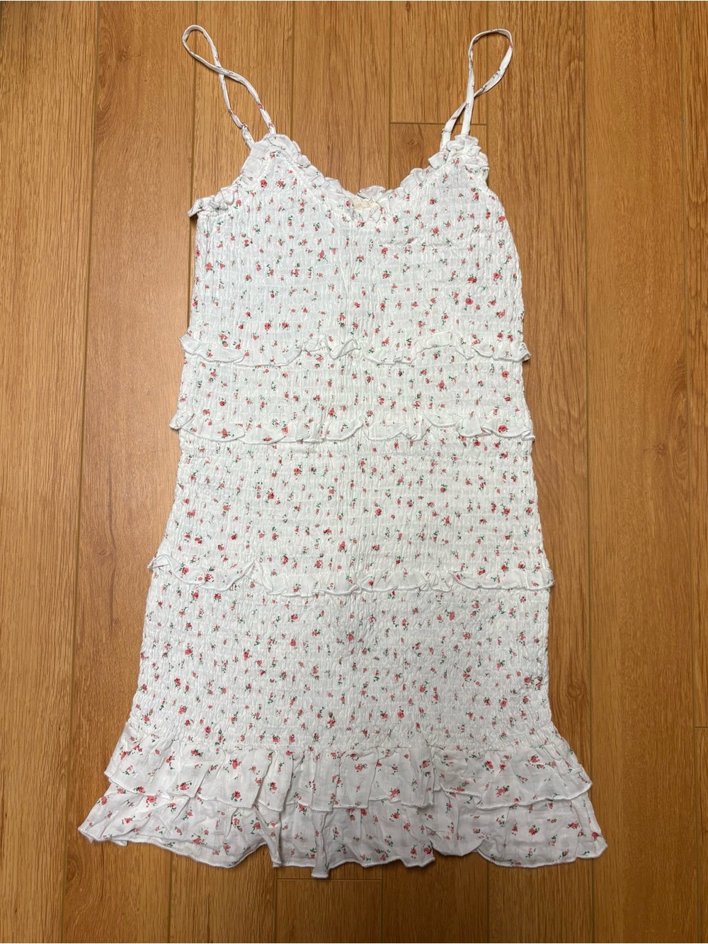 White Mini Dress with Pink Floral Print and Ruffle Tiers